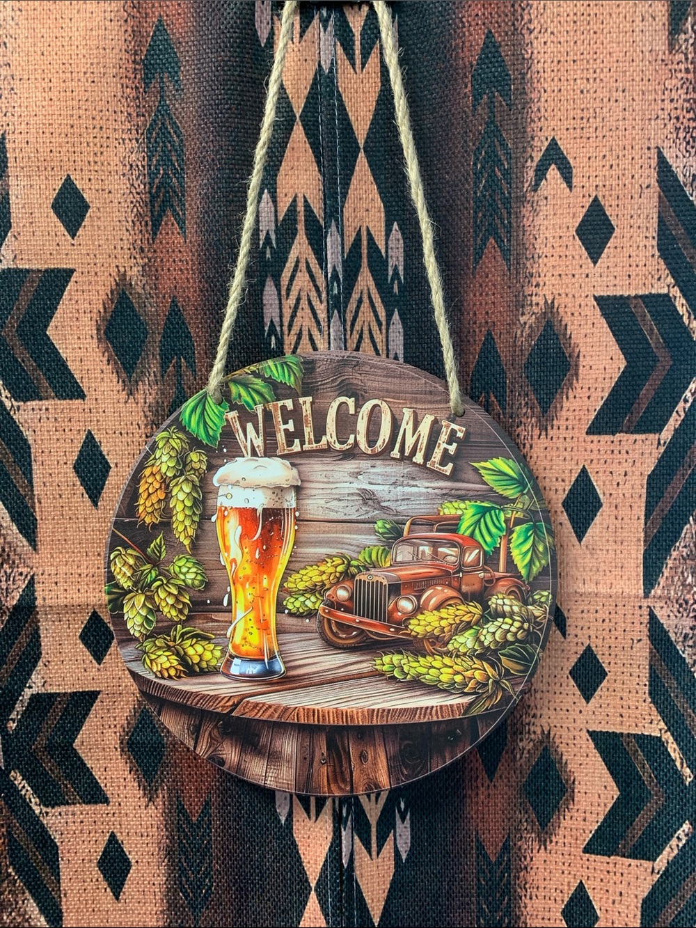 Welcome Round Hanging Sign with Beer & Vintage Truck